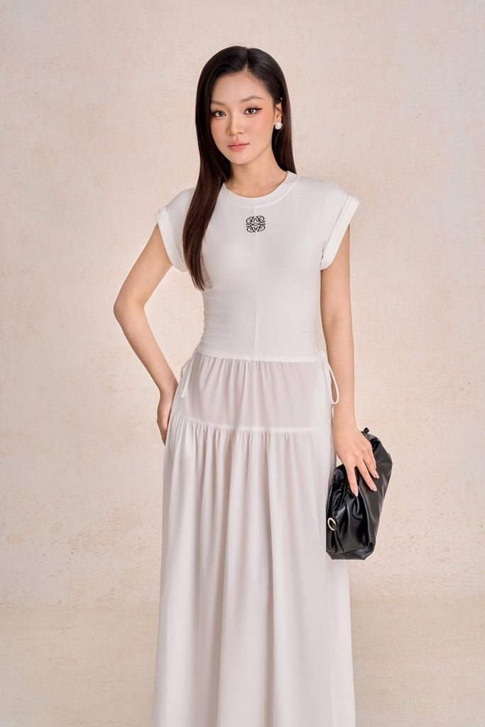 FDP73610 - Đầm dạo phố vải dệt kim co giãn cổ tròn tay chờm thân váy suông dài thời trang - PANTIO