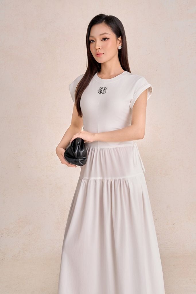 FDP73610 - Đầm dạo phố vải dệt kim co giãn cổ tròn tay chờm thân váy suông dài thời trang - PANTIO