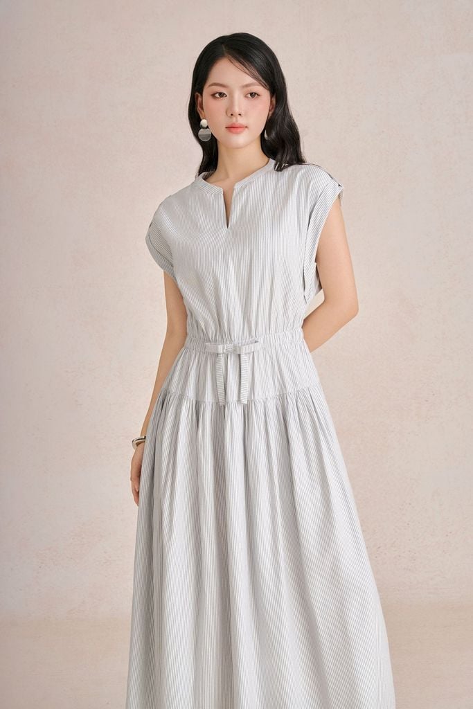 FDP73611 - Đầm dạo phố vải thô kẻ dáng chữ A cổ tròn xẻ V tay chờm thân váy bo chun ôm tạo kiểu - PANTIO