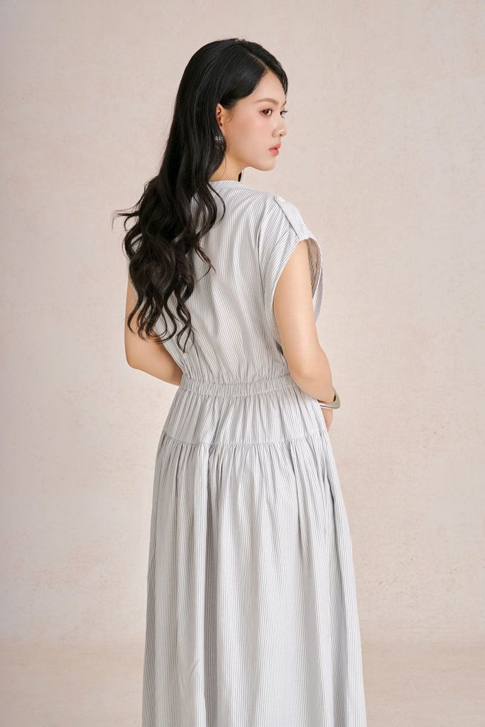 FDP73611 - Đầm dạo phố vải thô kẻ dáng chữ A cổ tròn xẻ V tay chờm thân váy bo chun ôm tạo kiểu - PANTIO