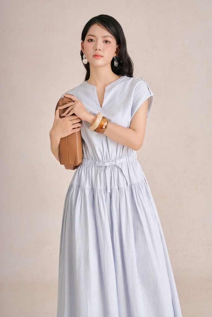 FDP73611 - Đầm dạo phố vải thô kẻ dáng chữ A cổ tròn xẻ V tay chờm thân váy bo chun ôm tạo kiểu - PANTIO