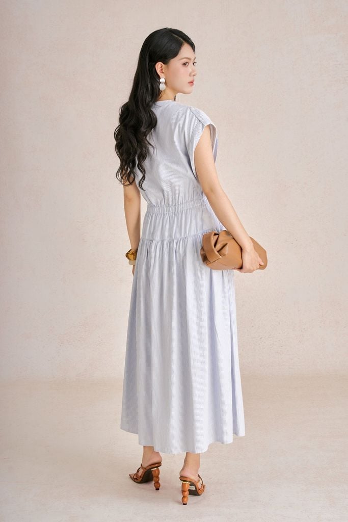 FDP73611 - Đầm dạo phố vải thô kẻ dáng chữ A cổ tròn xẻ V tay chờm thân váy bo chun ôm tạo kiểu - PANTIO