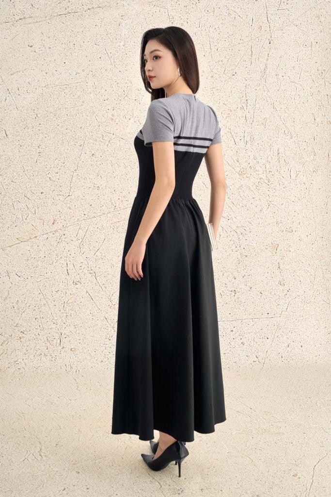 FDP73612 - Đầm dạo phố vải len dáng ôm cổ tròn phối khoá tay cộc thân váy xếp nhún tạo xoè - PANTIO