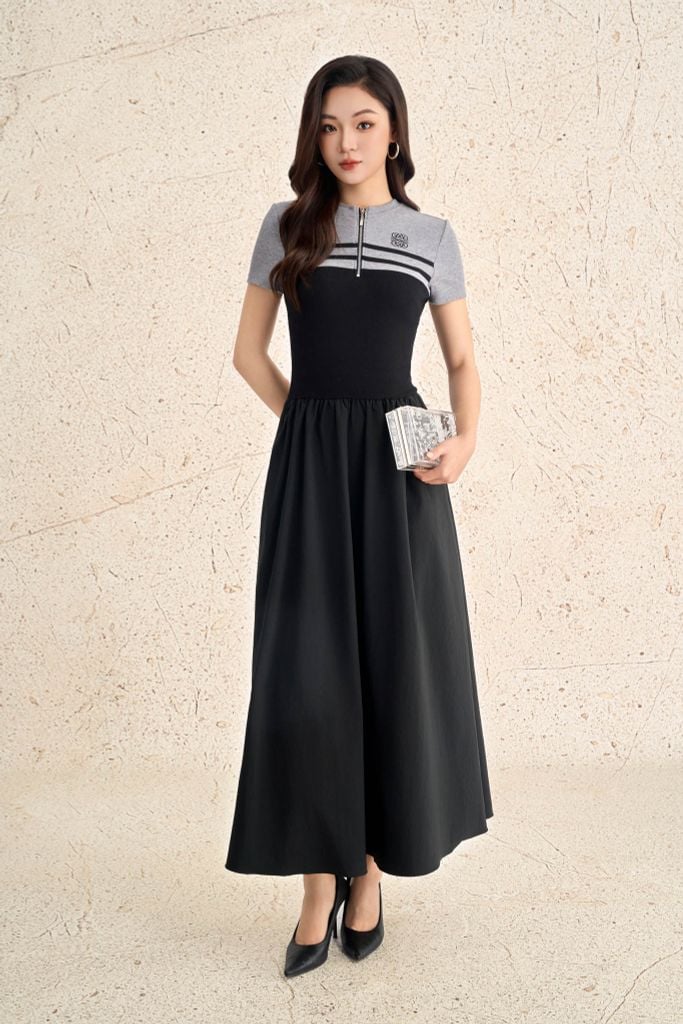 FDP73612 - Đầm dạo phố vải len dáng ôm cổ tròn phối khoá tay cộc thân váy xếp nhún tạo xoè - PANTIO