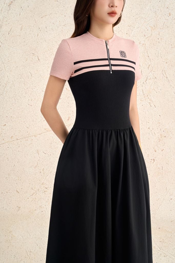 FDP73612 - Đầm dạo phố vải len dáng ôm cổ tròn phối khoá tay cộc thân váy xếp nhún tạo xoè - PANTIO