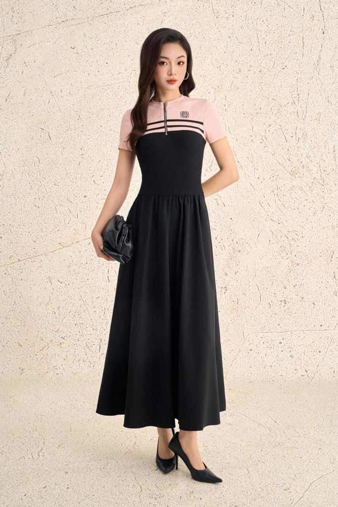 FDP73612 - Đầm dạo phố vải len dáng ôm cổ tròn phối khoá tay cộc thân váy xếp nhún tạo xoè - PANTIO