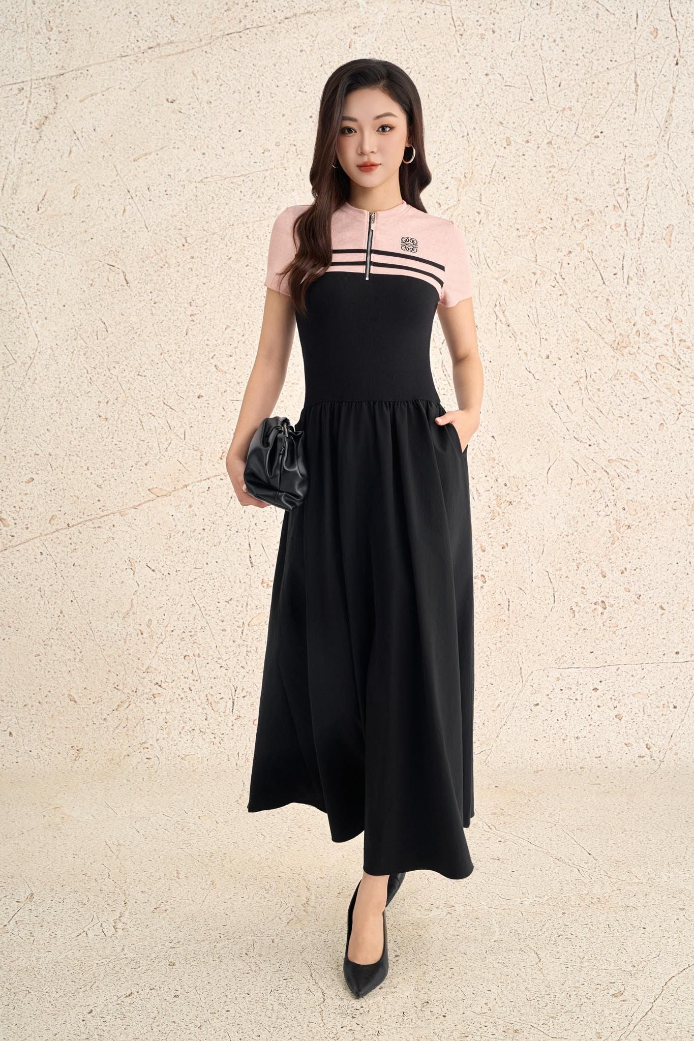 FDP73612 - Đầm dạo phố vải len dáng ôm cổ tròn phối khoá tay cộc thân váy xếp nhún tạo xoè - PANTIO