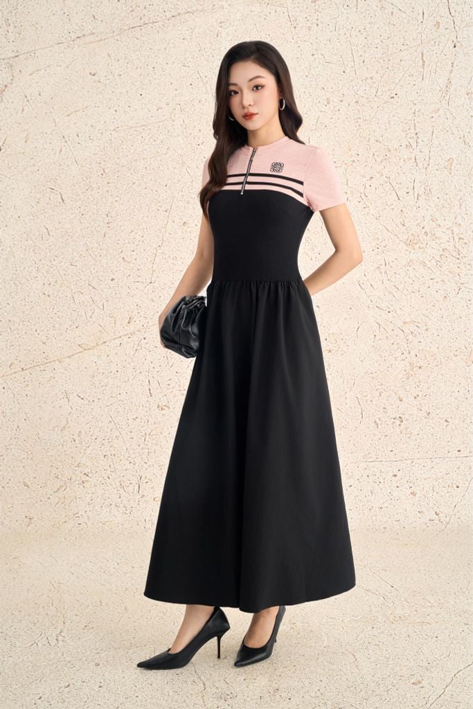 FDP73612 - Đầm dạo phố vải len dáng ôm cổ tròn phối khoá tay cộc thân váy xếp nhún tạo xoè - PANTIO