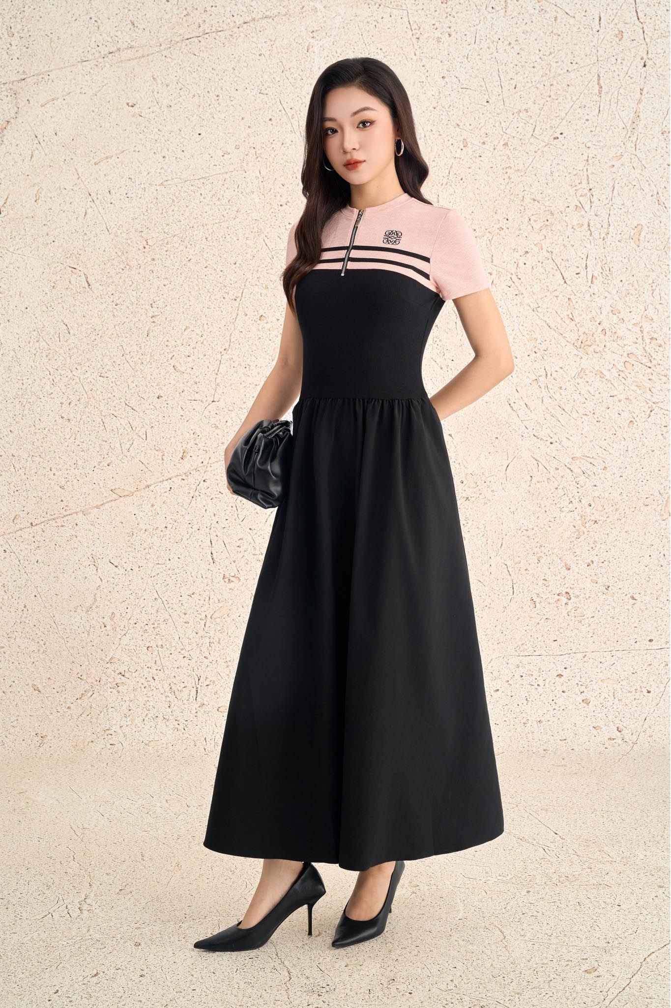 FDP73612 - Đầm dạo phố vải len dáng ôm cổ tròn phối khoá tay cộc thân váy xếp nhún tạo xoè - PANTIO