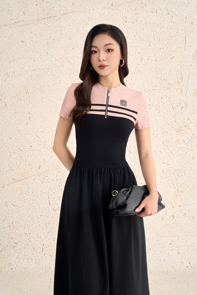 FDP73612 - Đầm dạo phố vải len dáng ôm cổ tròn phối khoá tay cộc thân váy xếp nhún tạo xoè - PANTIO