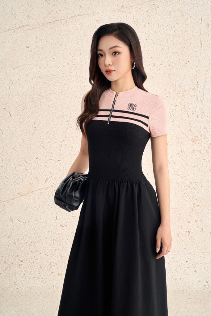 FDP73612 - Đầm dạo phố vải len dáng ôm cổ tròn phối khoá tay cộc thân váy xếp nhún tạo xoè - PANTIO