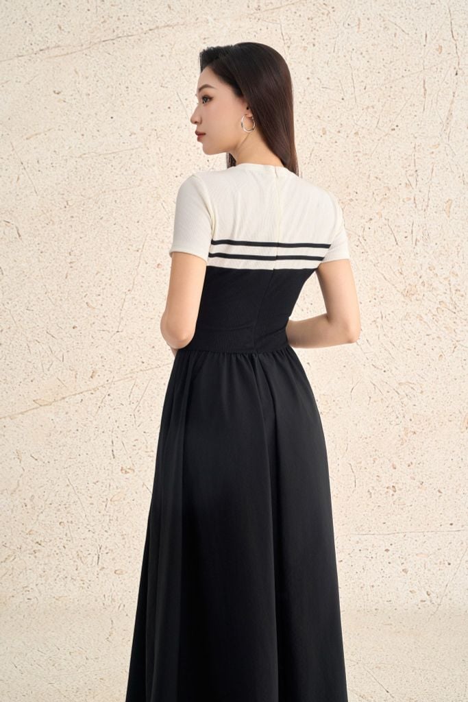 FDP73612 - Đầm dạo phố vải len dáng ôm cổ tròn phối khoá tay cộc thân váy xếp nhún tạo xoè - PANTIO