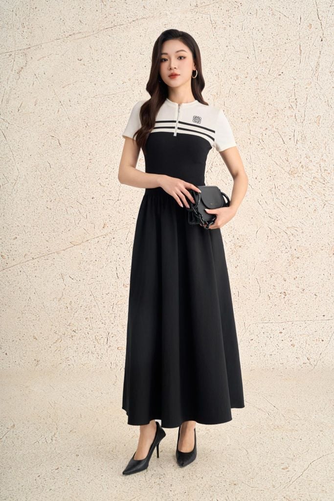 FDP73612 - Đầm dạo phố vải len dáng ôm cổ tròn phối khoá tay cộc thân váy xếp nhún tạo xoè - PANTIO