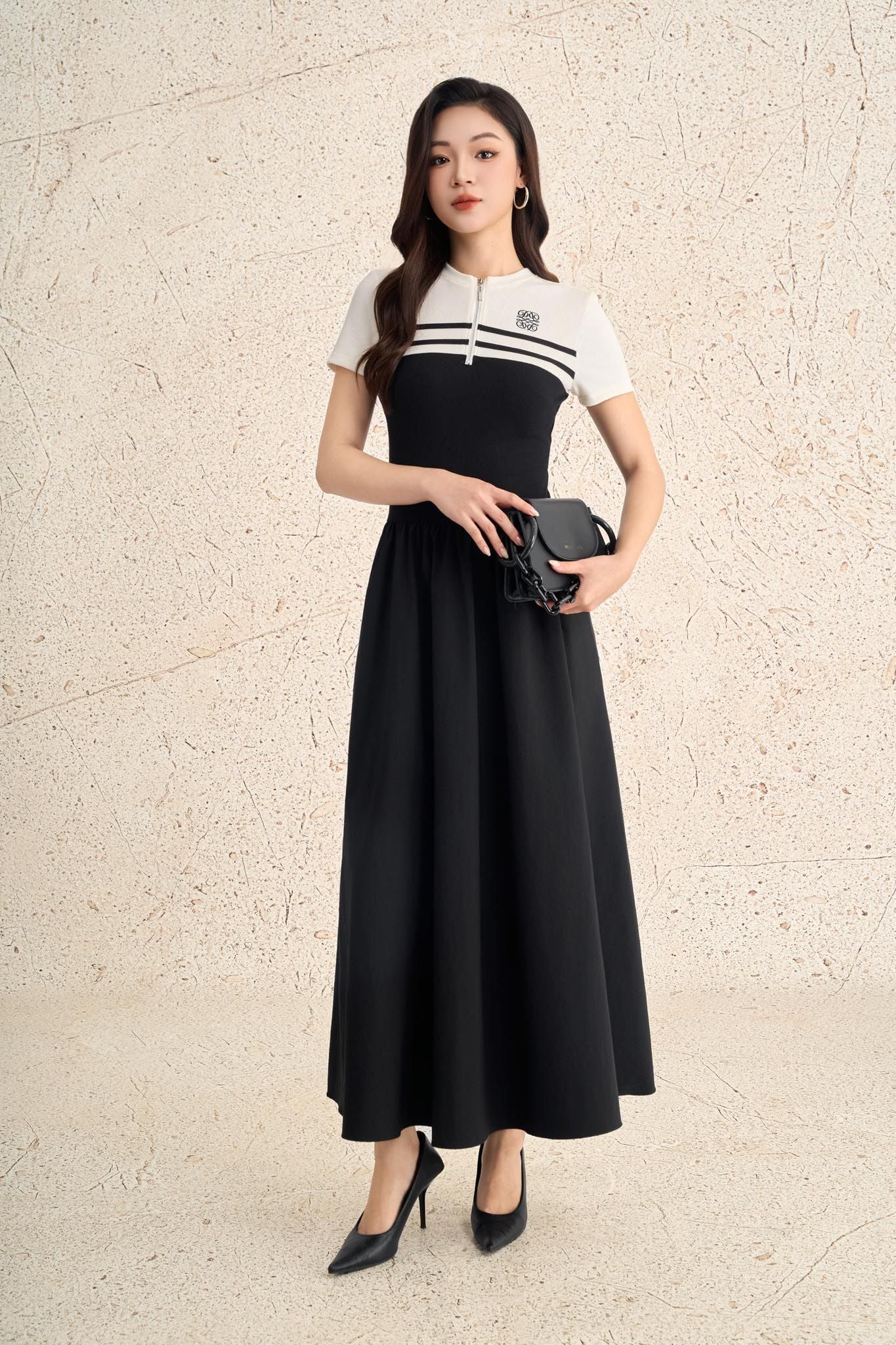 FDP73612 - Đầm dạo phố vải len dáng ôm cổ tròn phối khoá tay cộc thân váy xếp nhún tạo xoè - PANTIO