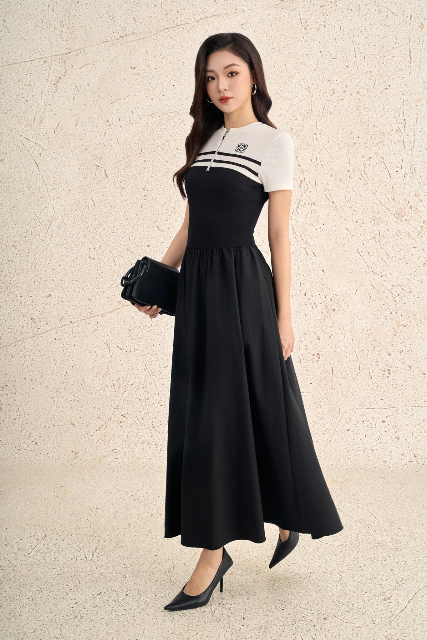 FDP73612 - Đầm dạo phố vải len dáng ôm cổ tròn phối khoá tay cộc thân váy xếp nhún tạo xoè - PANTIO