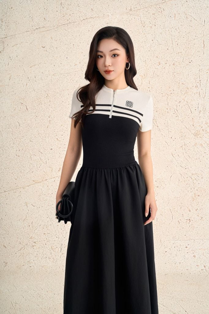 FDP73612 - Đầm dạo phố vải len dáng ôm cổ tròn phối khoá tay cộc thân váy xếp nhún tạo xoè - PANTIO