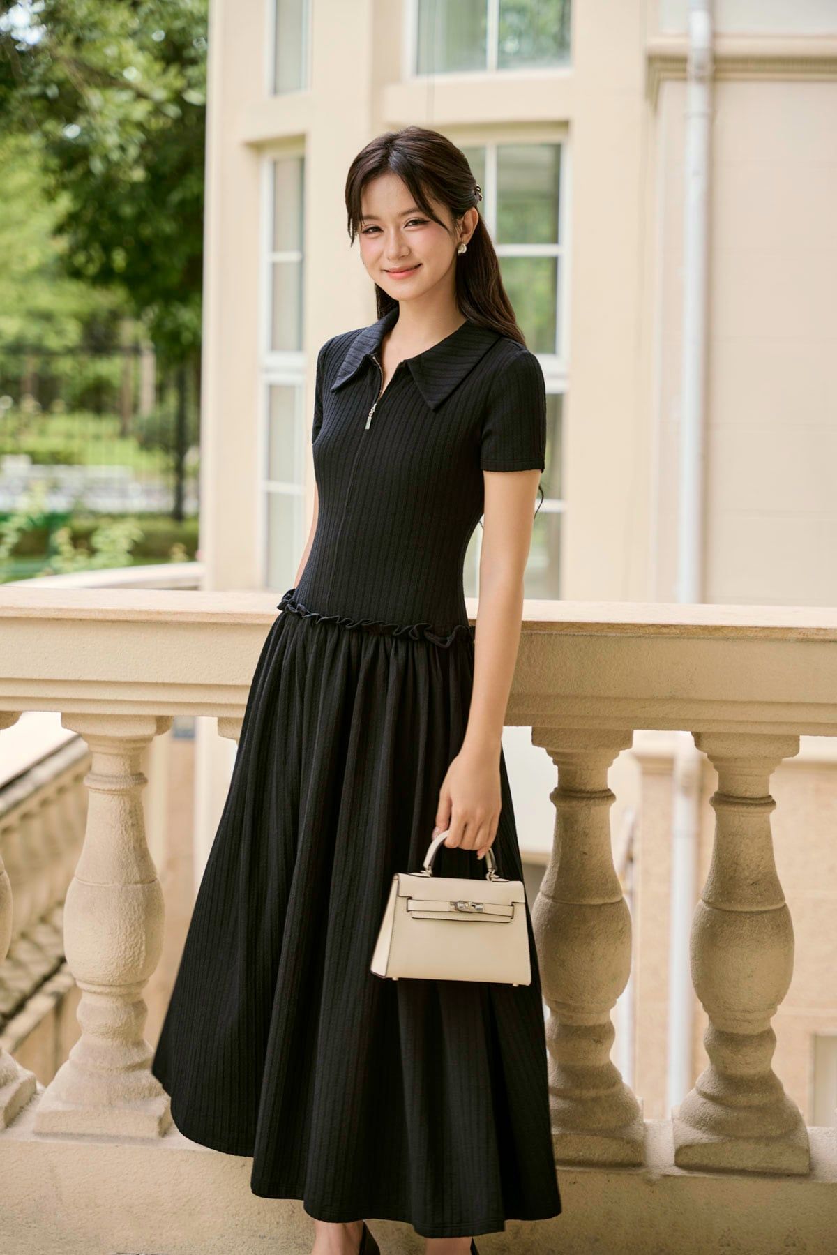FDP73648 - Đầm dạo phố vải len dáng suông cổ bẻ liền khoá thời trang eo váy phối viền bèo tạo kiểu - JAN.