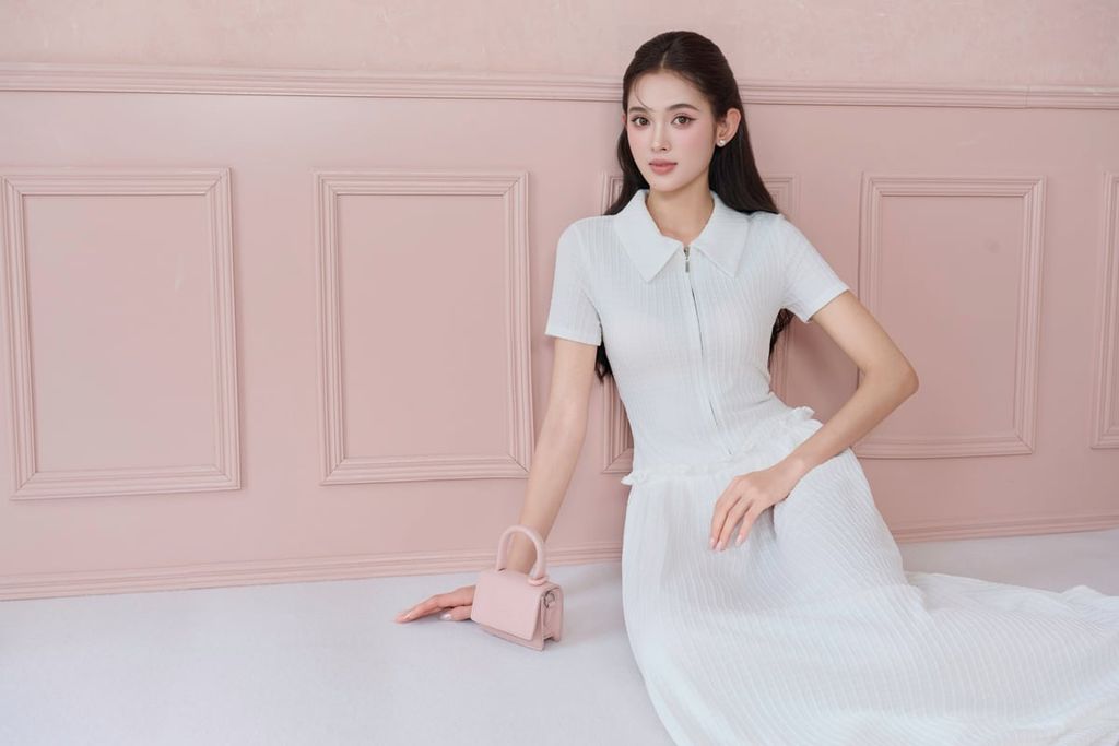 FDP73648 - tylekeo88 tv vải len dáng suông cổ bẻ liền khoá thời trang eo váy phối viền bèo tạo kiểu - JAN.