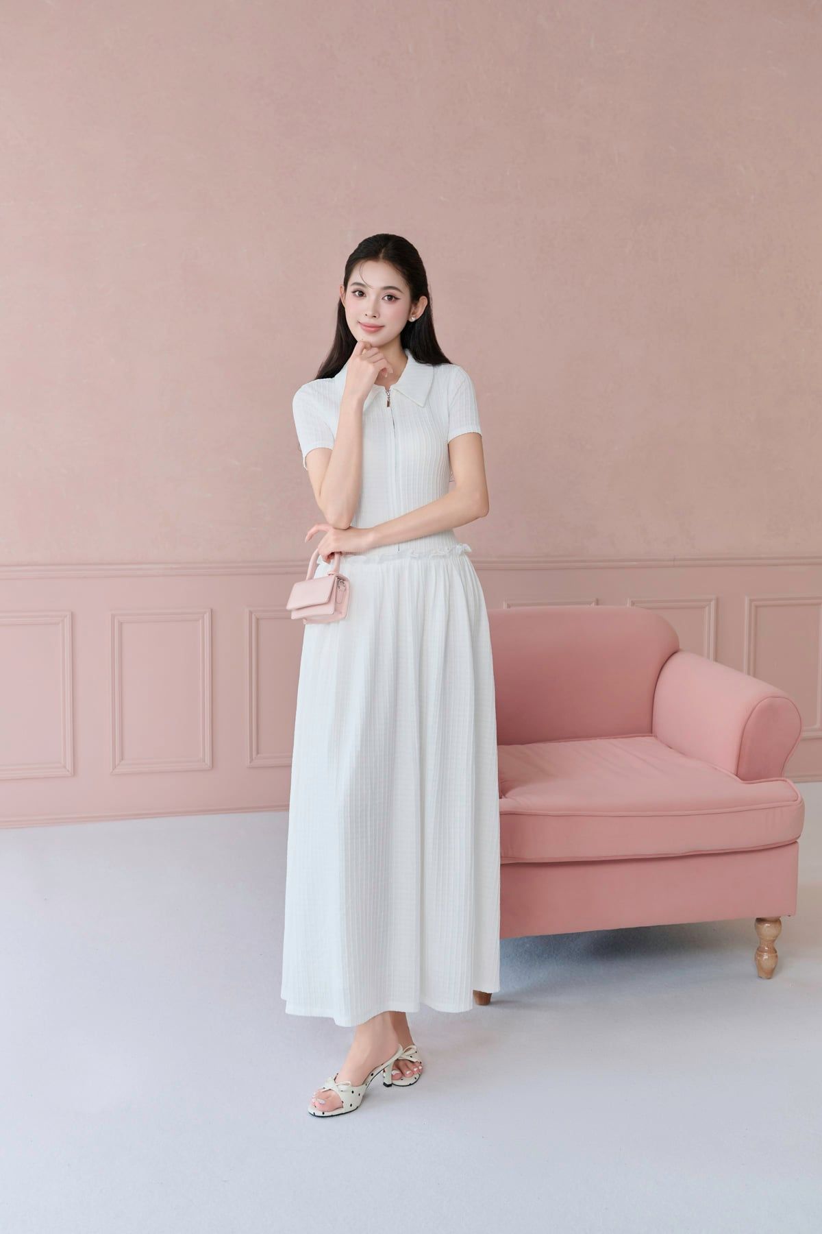 FDP73648 - tylekeo88 tv vải len dáng suông cổ bẻ liền khoá thời trang eo váy phối viền bèo tạo kiểu - JAN.