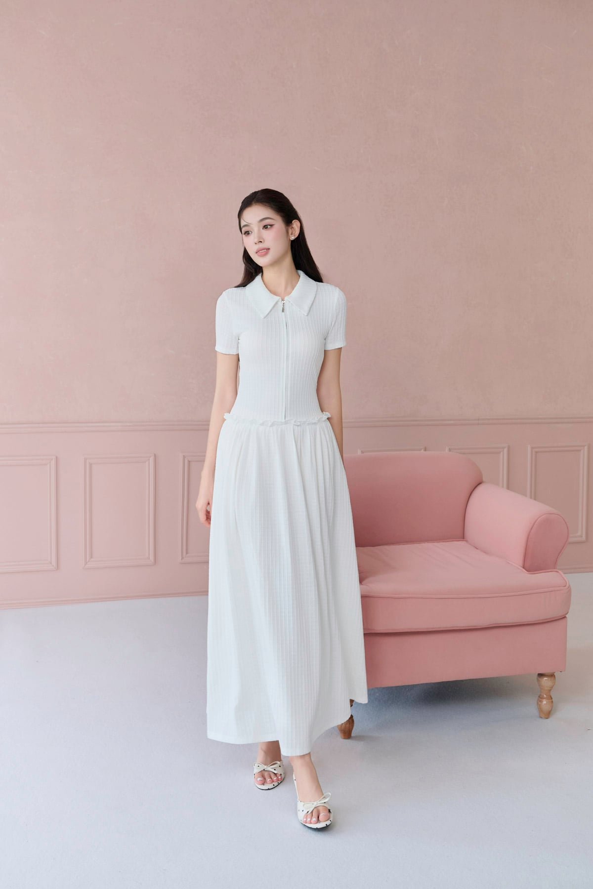 FDP73648 - tylekeo88 tv vải len dáng suông cổ bẻ liền khoá thời trang eo váy phối viền bèo tạo kiểu - JAN.