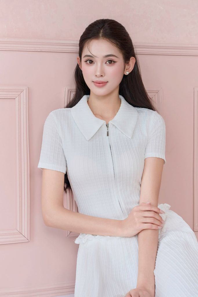 FDP73648 - tylekeo88 tv vải len dáng suông cổ bẻ liền khoá thời trang eo váy phối viền bèo tạo kiểu - JAN.