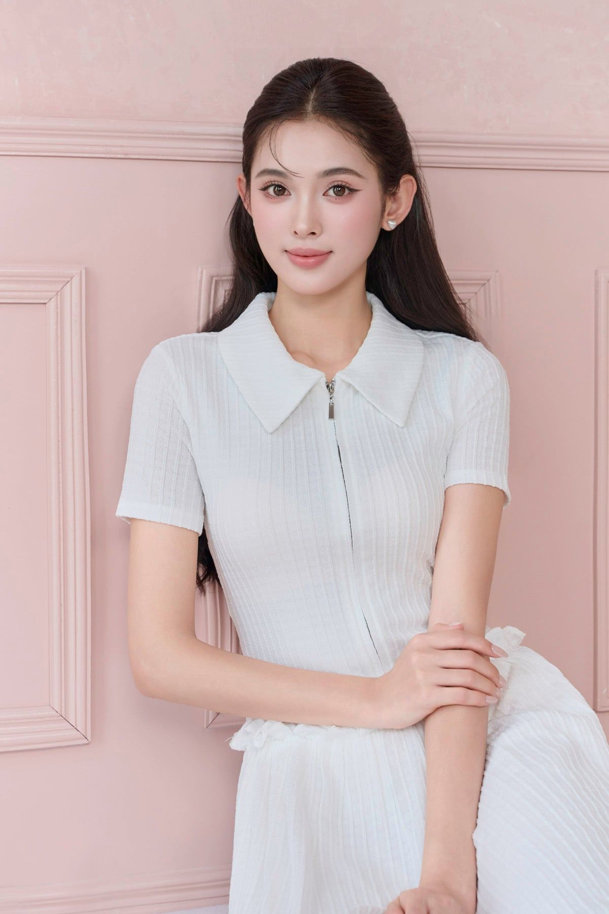 FDP73648 - tylekeo88 tv vải len dáng suông cổ bẻ liền khoá thời trang eo váy phối viền bèo tạo kiểu - JAN.