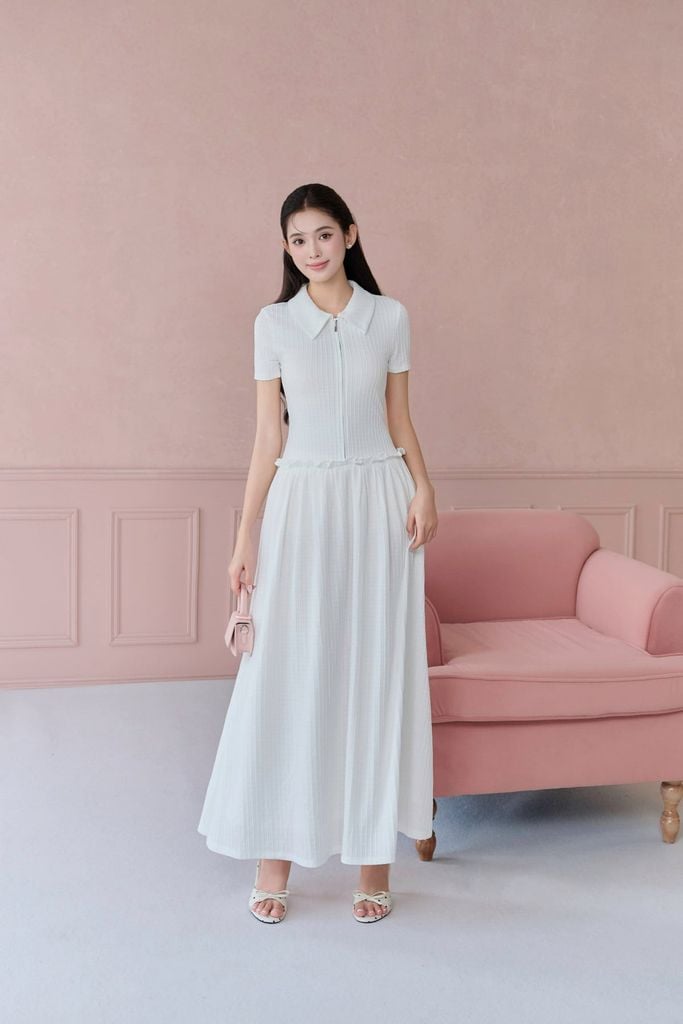 FDP73648 - tylekeo88 tv vải len dáng suông cổ bẻ liền khoá thời trang eo váy phối viền bèo tạo kiểu - JAN.