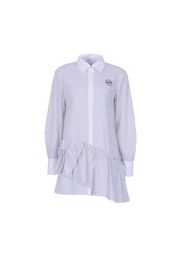 FDP73655 - Đầm dạo phố vải thô kẻ dáng suông cổ bỏ tay dài thân váy đính nơ phối vạt lệch thời trang - JAN.