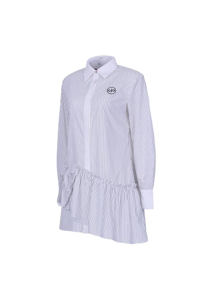 FDP73655 - Đầm dạo phố vải thô kẻ dáng suông cổ bỏ tay dài thân váy đính nơ phối vạt lệch thời trang - JAN.