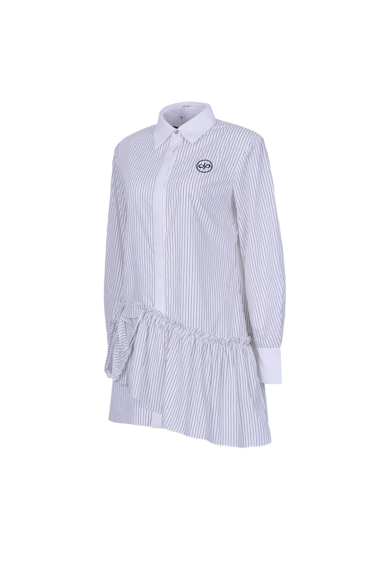 FDP73655 - Đầm dạo phố vải thô kẻ dáng suông cổ bỏ tay dài thân váy đính nơ phối vạt lệch thời trang - JAN.