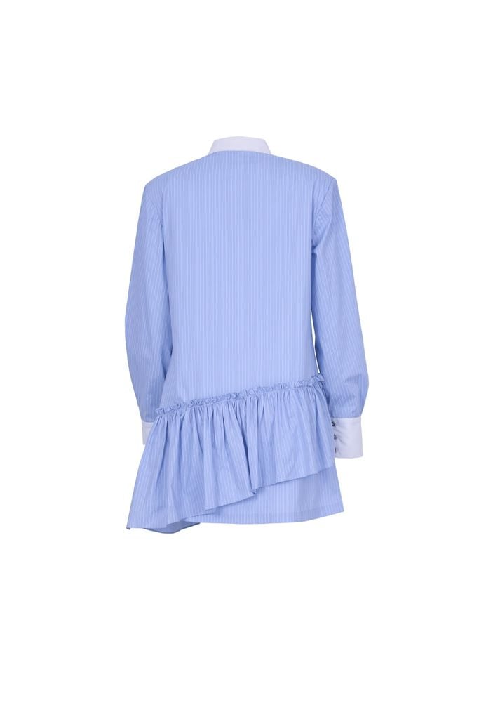 FDP73655 - Đầm dạo phố vải thô kẻ dáng suông cổ bỏ tay dài thân váy đính nơ phối vạt lệch thời trang - JAN.