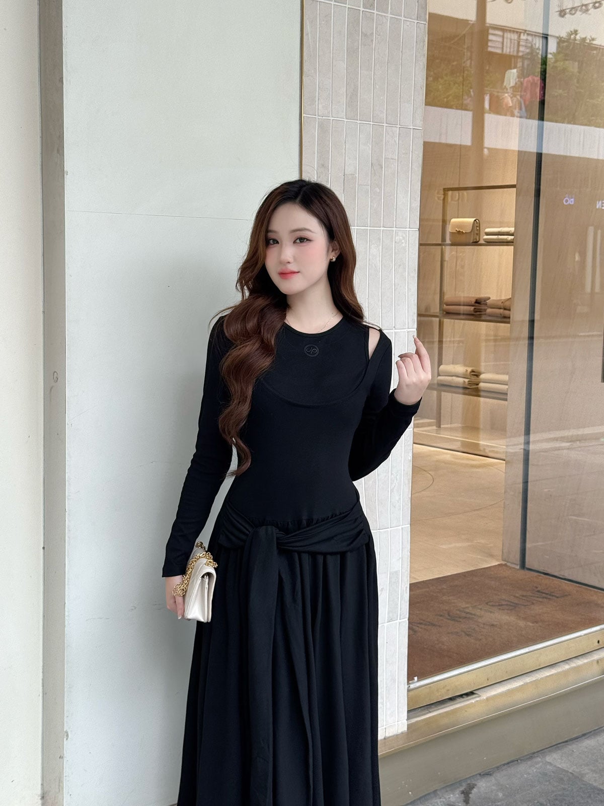 FDP73657 - Đầm dạo phố vải len co giãn dáng ôm cổ tròn tay dài eo váy phối vạt thắt tạo kiểu - JAN.