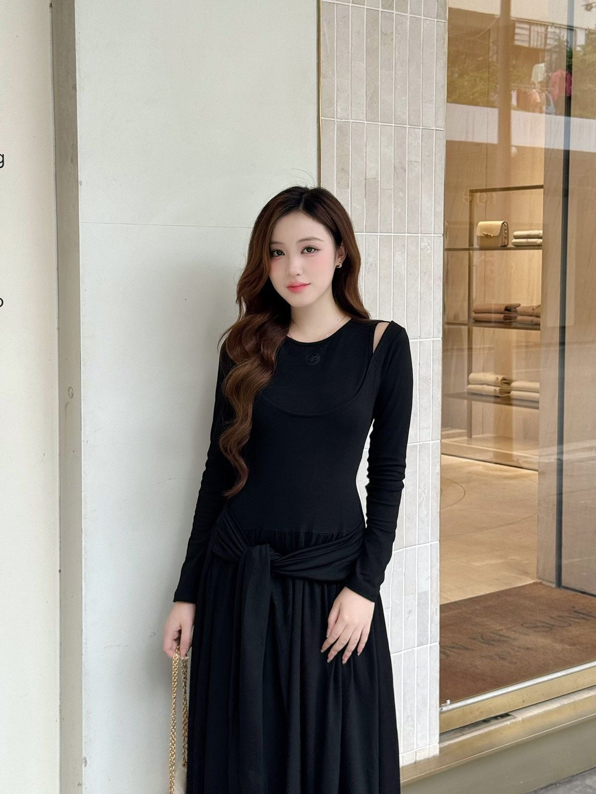 FDP73657 - Đầm dạo phố vải len co giãn dáng ôm cổ tròn tay dài eo váy phối vạt thắt tạo kiểu - JAN.