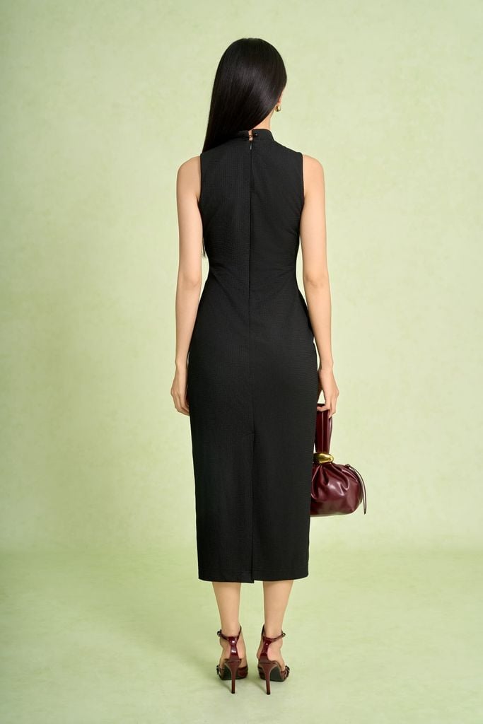 FDP73665 - Đầm dạo phố vải len dáng ôm cổ tròn không tay eo váy phối vạt thắt tạo kiểu - PANTIO