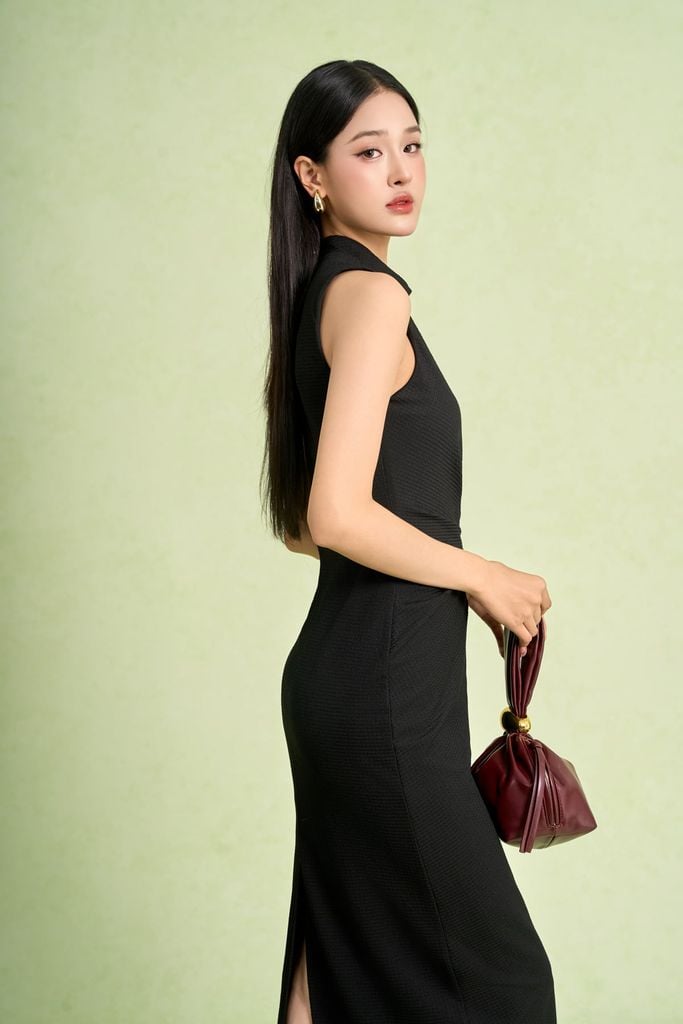 FDP73665 - Đầm dạo phố vải len dáng ôm cổ tròn không tay eo váy phối vạt thắt tạo kiểu - PANTIO