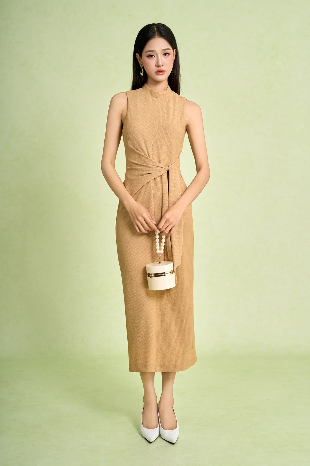 FDP73665 - Đầm dạo phố vải len dáng ôm cổ tròn không tay eo váy phối vạt thắt tạo kiểu - PANTIO