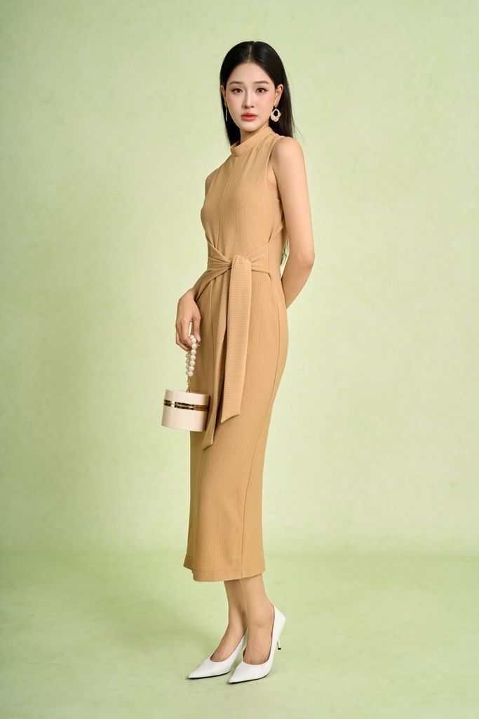 FDP73665 - Đầm dạo phố vải len dáng ôm cổ tròn không tay eo váy phối vạt thắt tạo kiểu - PANTIO