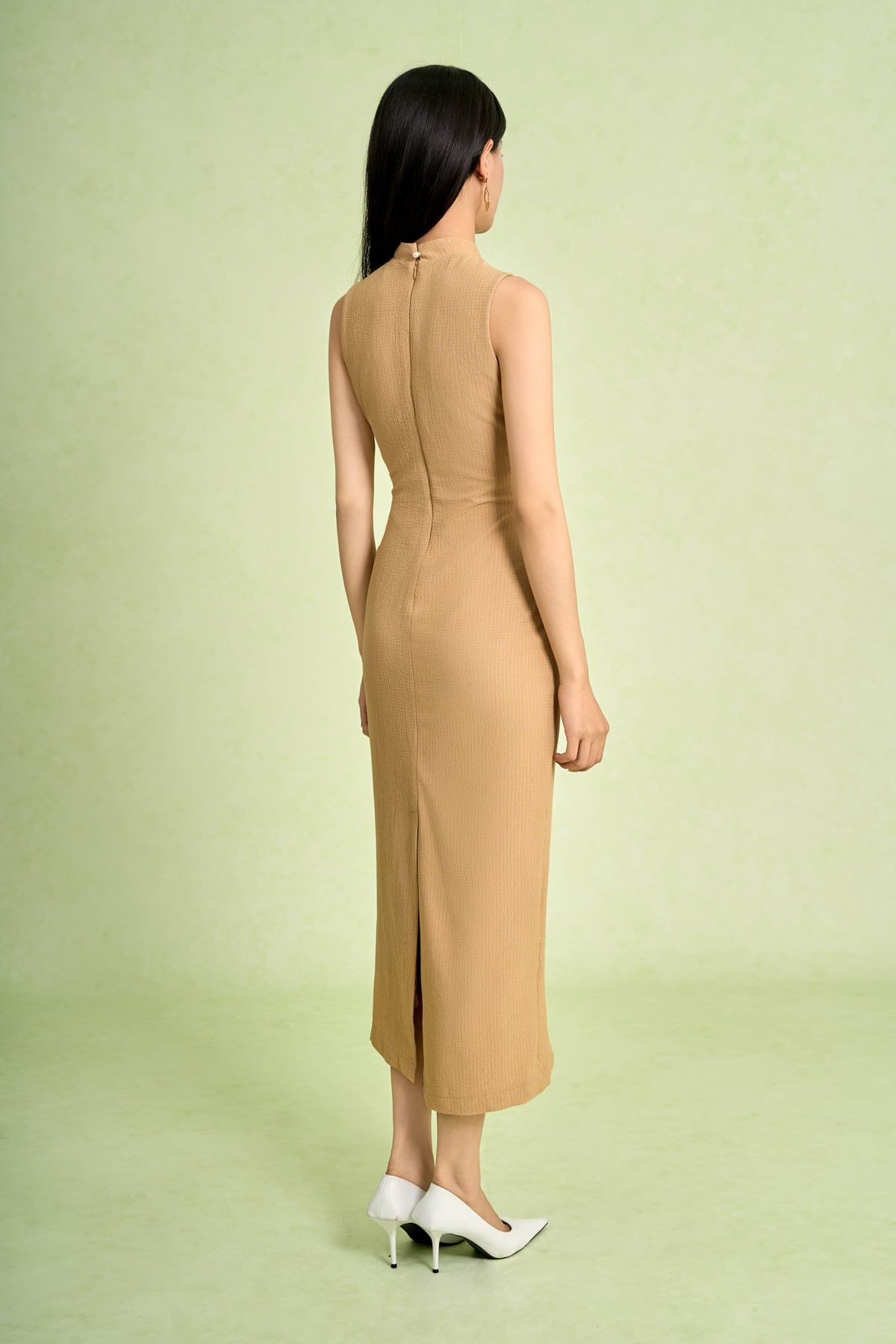 FDP73665 - Đầm dạo phố vải len dáng ôm cổ tròn không tay eo váy phối vạt thắt tạo kiểu - PANTIO