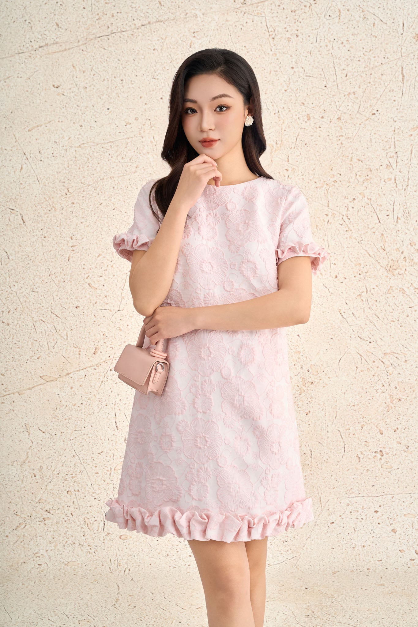 FDP73666 - Đầm dạo phố vải tafta dáng suông cổ tròn tay ngắn gấu váy xếp nhún tạo kiểu - PANTIO