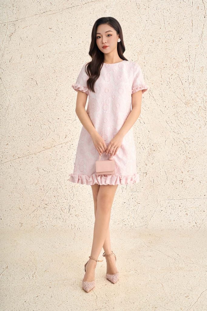 FDP73666 - Đầm dạo phố vải tafta dáng suông cổ tròn tay ngắn gấu váy xếp nhún tạo kiểu - PANTIO