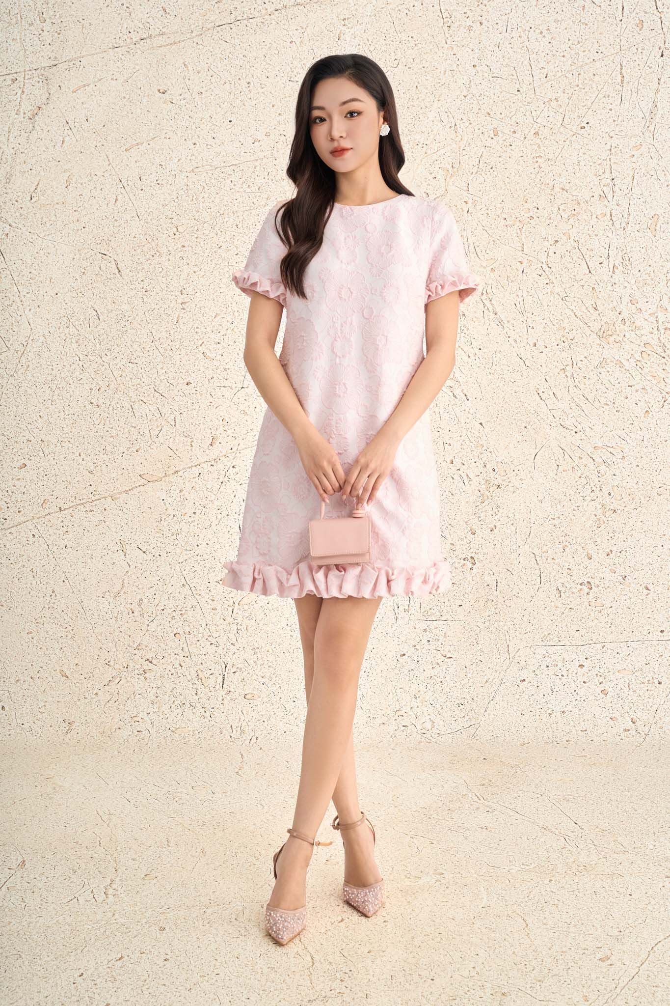 FDP73666 - Đầm dạo phố vải tafta dáng suông cổ tròn tay ngắn gấu váy xếp nhún tạo kiểu - PANTIO