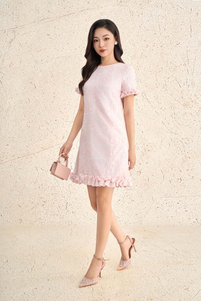 FDP73666 - Đầm dạo phố vải tafta dáng suông cổ tròn tay ngắn gấu váy xếp nhún tạo kiểu - PANTIO