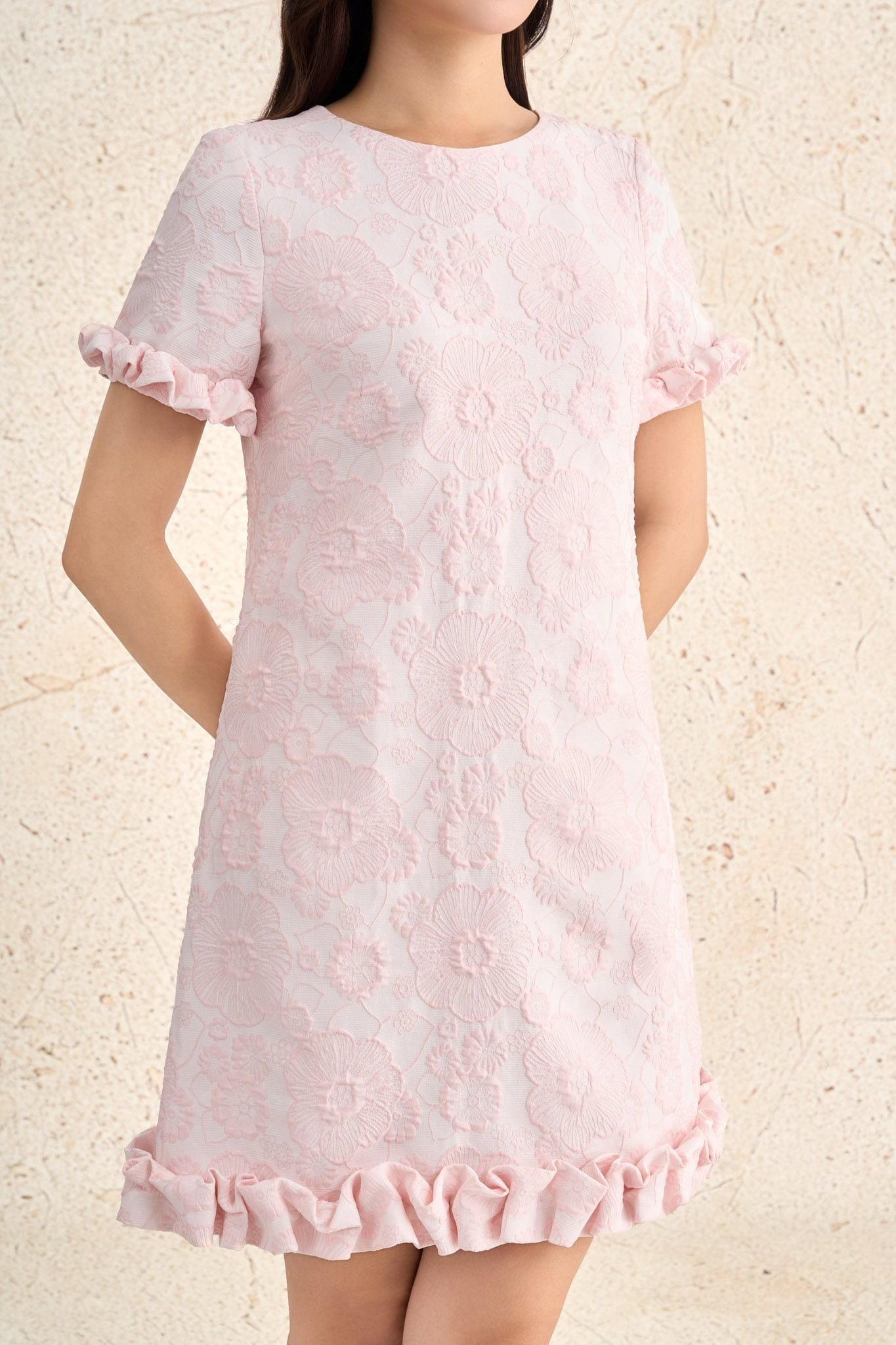 FDP73666 - Đầm dạo phố vải tafta dáng suông cổ tròn tay ngắn gấu váy xếp nhún tạo kiểu - PANTIO