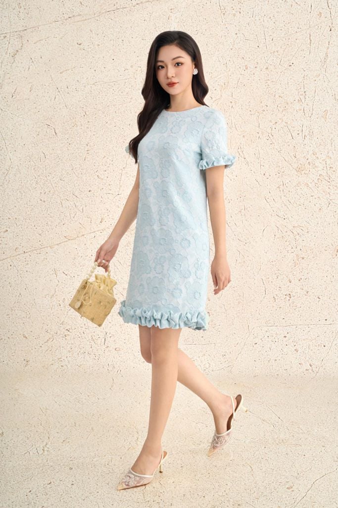 FDP73666 - Đầm dạo phố vải tafta dáng suông cổ tròn tay ngắn gấu váy xếp nhún tạo kiểu - PANTIO