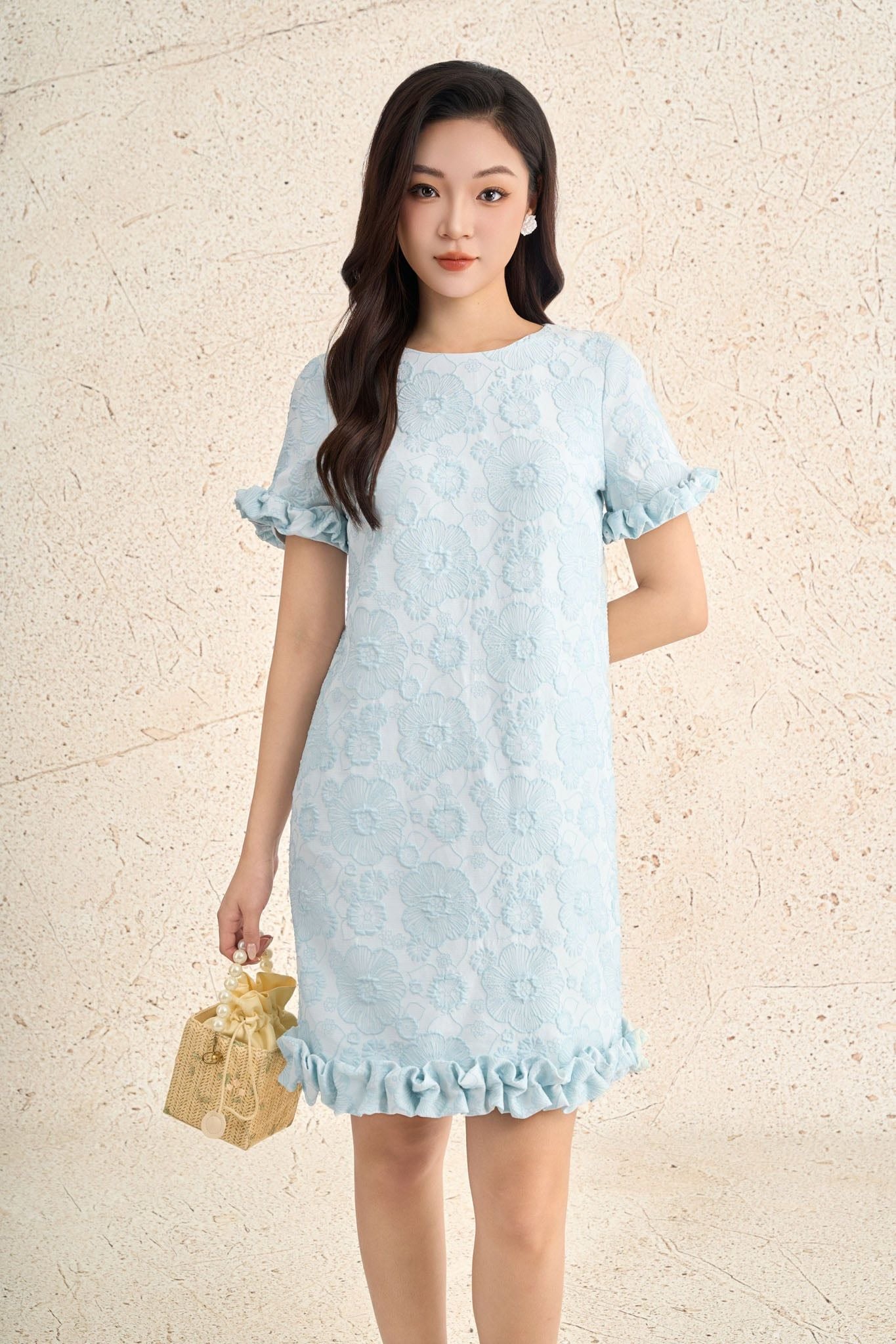 FDP73666 - Đầm dạo phố vải tafta dáng suông cổ tròn tay ngắn gấu váy xếp nhún tạo kiểu - PANTIO