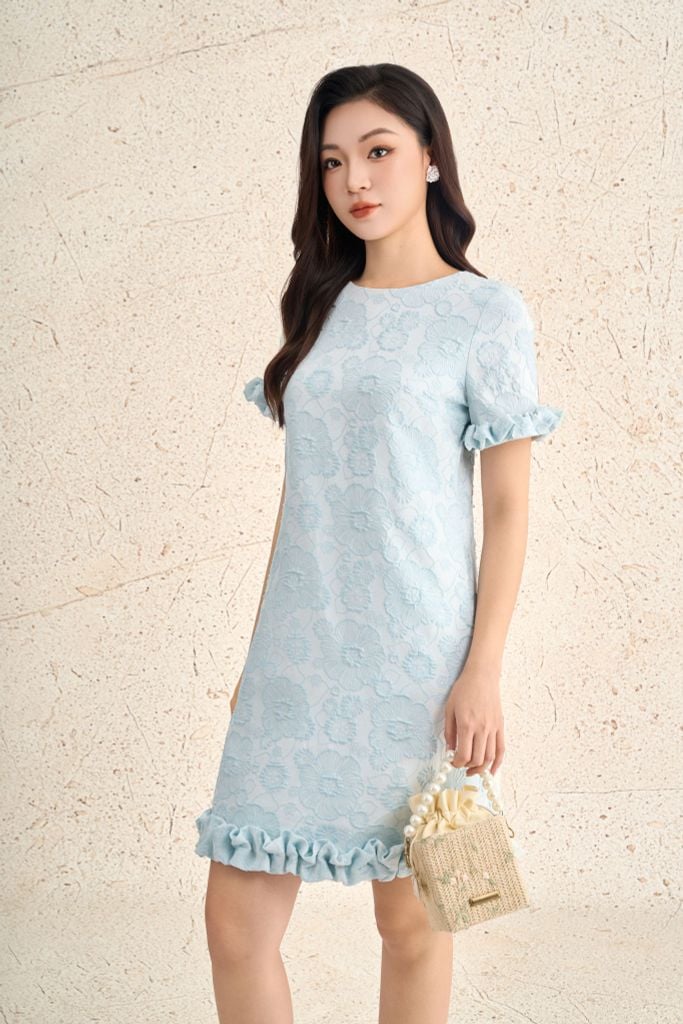 FDP73666 - Đầm dạo phố vải tafta dáng suông cổ tròn tay ngắn gấu váy xếp nhún tạo kiểu - PANTIO