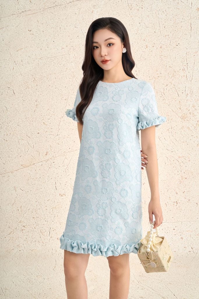 FDP73666 - Đầm dạo phố vải tafta dáng suông cổ tròn tay ngắn gấu váy xếp nhún tạo kiểu - PANTIO