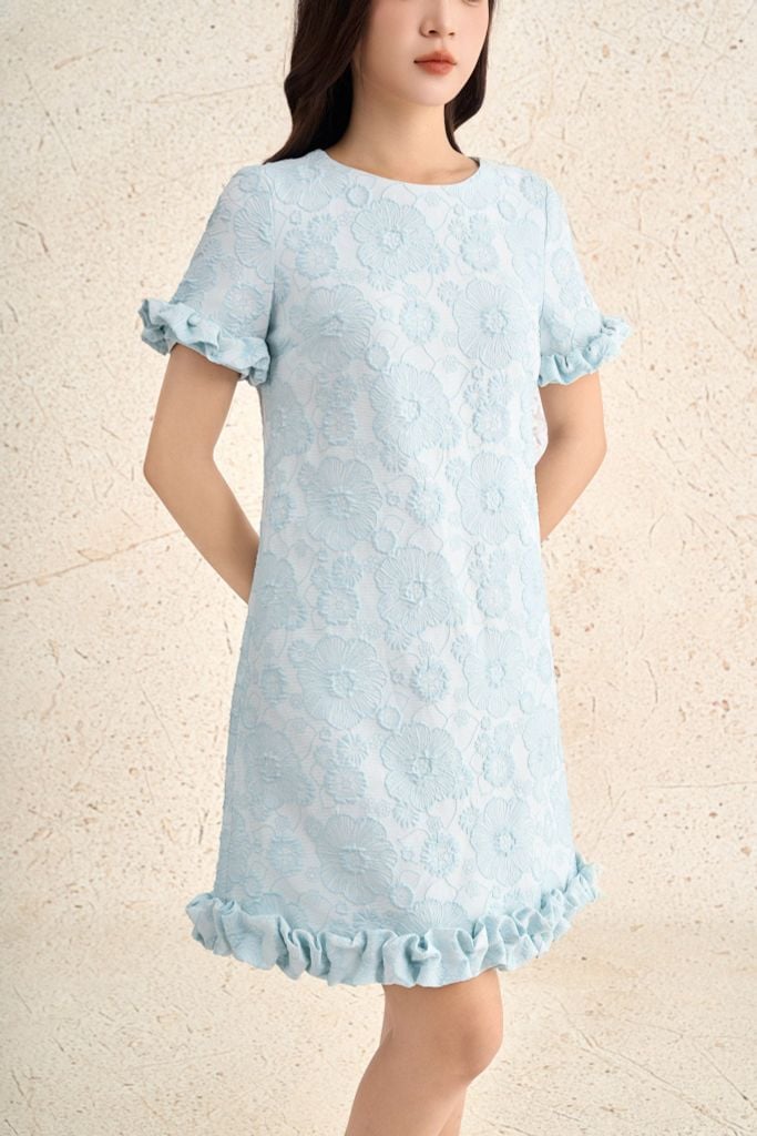 FDP73666 - Đầm dạo phố vải tafta dáng suông cổ tròn tay ngắn gấu váy xếp nhún tạo kiểu - PANTIO