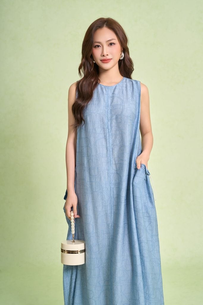 FDP73669 - Đầm dạo phố vải thô mỏng dáng suông cổ tròn thân váy có túi tạo kiểu - PANTIO