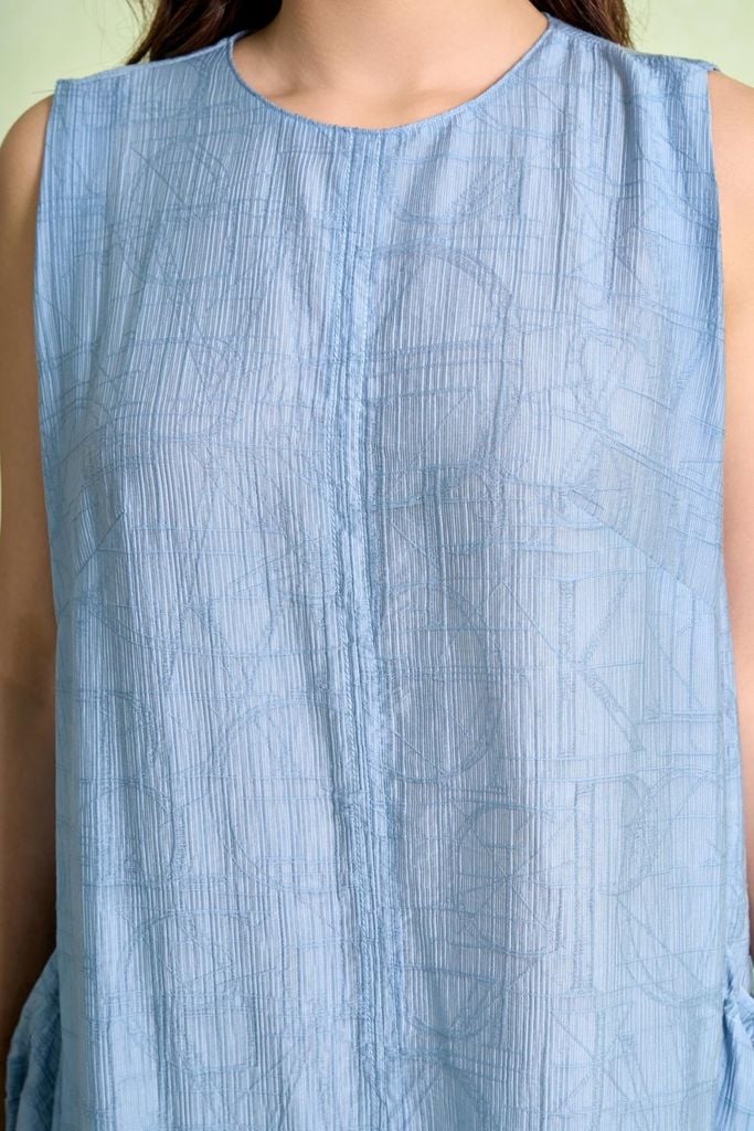 FDP73669 - Đầm dạo phố vải thô mỏng dáng suông cổ tròn thân váy có túi tạo kiểu - PANTIO